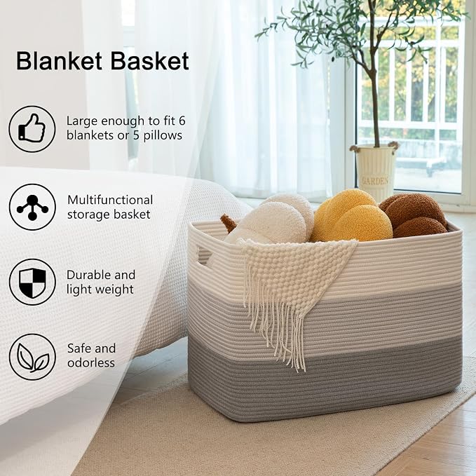 OIAHOMY Blanket Basket Laundry Basket Dog Toy Basket 108L Gradient Grey | Large Storage Basket,Baby Basket,Toy Storage,Woven Rope Basket for Blankets,Blanket Storage for Living Room