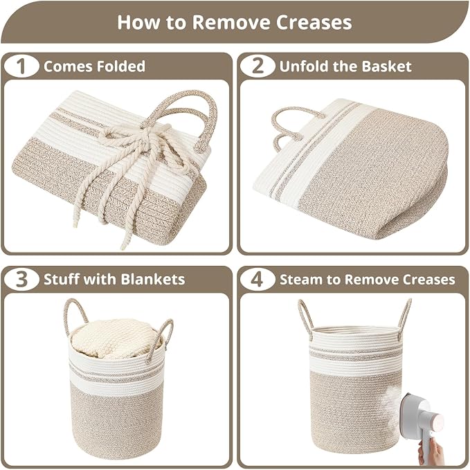 60L Large Woven Laundry Basket Hamper, 100% Natural Cotton Rope, Handwoven & Durable, Storage for Blankets, Toys, Clothes, Nursery Hamper for Living Room, Baby Room (Brown with White)