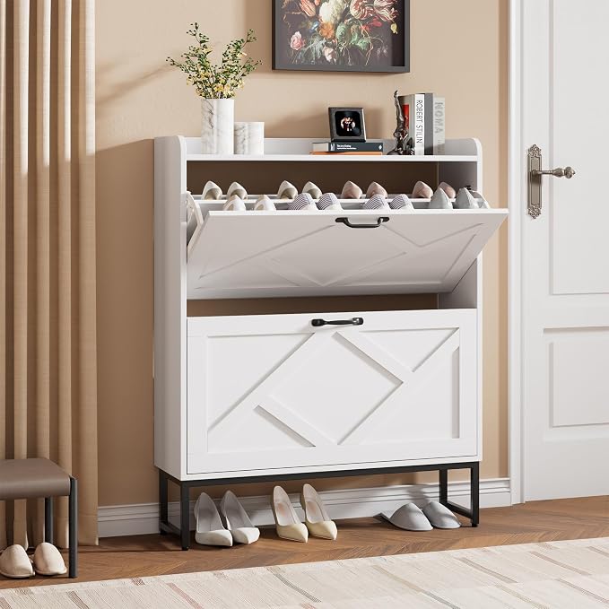 Shoe Storage Cabinet with 2 Flip Drawers, Entryway Cabinet, White | Slim Shoe Cabinet with Metal Legs, Narrow Farmhouse Shoe Organizer for Entryway, Foyer, Hallway, Wood Shoe Rack with Hook