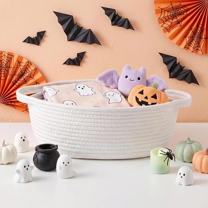 White Small Woven Basket, 13” x 9” x 5” Baskets for Gifts Empty Cotton Rope, Cute Nursery Baby Storage Organizer, Wicker Cat Toy Bin Box with Handles, Empty Gift Boo Basket