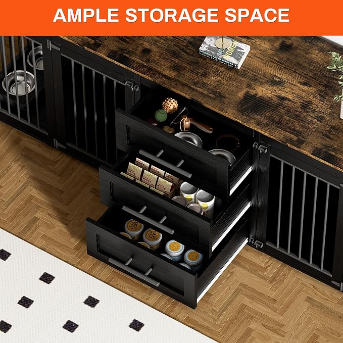 Rophefx 94.5" Dog Crate Furniture for 2 Dogs, Wooden Kennel TV Stand,Black | Indoor double dog house with 3 storage drawers, 4 feeding bowls, lockable doors, and a wide top for large and medium dogs
