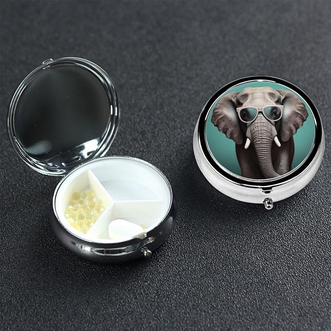 Round Pill Box Elephant with Glasses Pill Case for Purse & Pocket 3 Compartment Pill Organizer Portable Travel Pillbox Medicine Pill Holder Container for Daily Vitamin Cod Liver Oil Storage