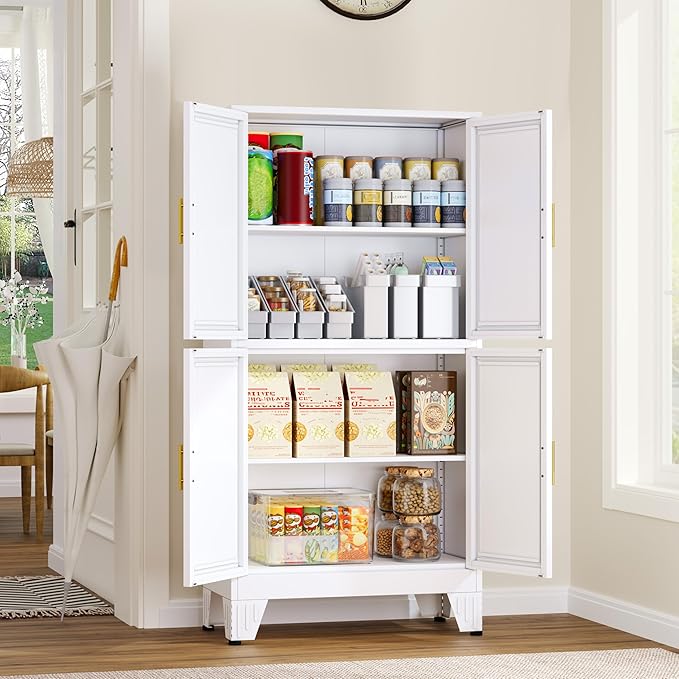 GAIOUS 47.25" Metal Pantry Cabinet, White Storage Cabinets with 4 Door | and 2 Adjustable Shelves, Steel Bathroom Cabinet,Freestanding Cupboard for Kitchen Dining Living Room Bathroom,Floor Cabinet