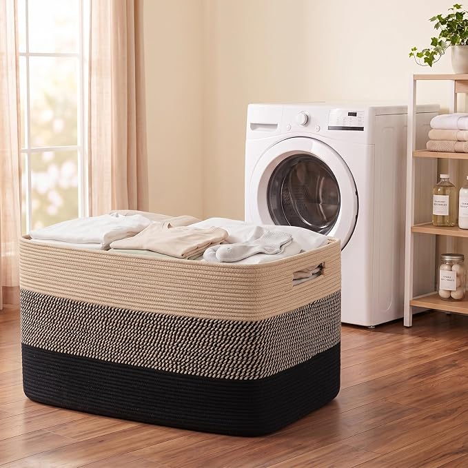 OIAHOMY 108L Extra Large Blanket Basket Dog Toy Basket Yellow Black | Rectangle Woven Baskets for Storage Cotton Rope Basket For Living Room Toy Storage Blanket Storage Laundry Basket