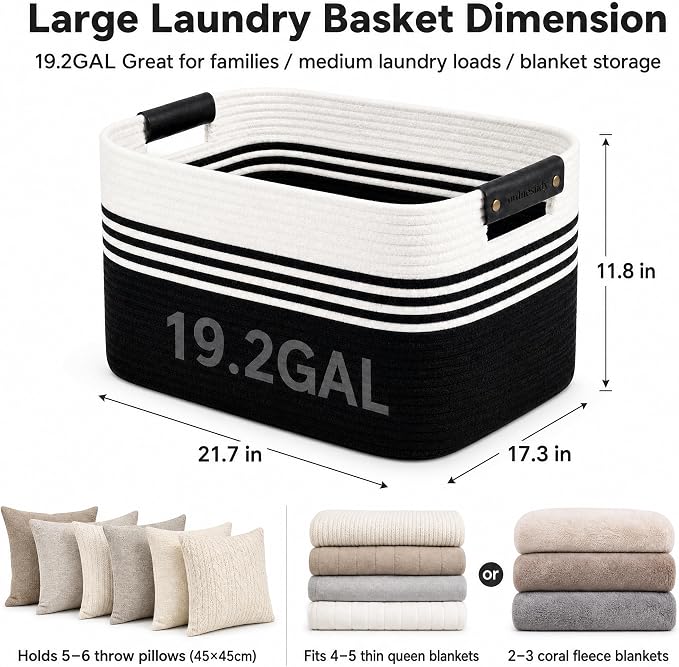 Cotton Rope Laundry Basket Large, 19.2GAL Collapsible Woven Storage Baskets for Living Room Kids Toys Stuffed Animal,Boho Rectangular Decorative Short Hamper for Dirty Clothes, Blankets White Black