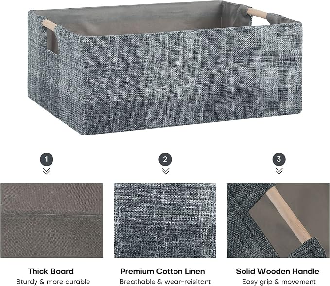 Fabric Storage Box, 13x9in Foldable Cotton Linen Basket with Wooden Handle | Small Rectangular Cube Decorative Home Laundry Organizer Clothes Blanket Container Organizing Clothes Sheet, Dark Gray Plaid