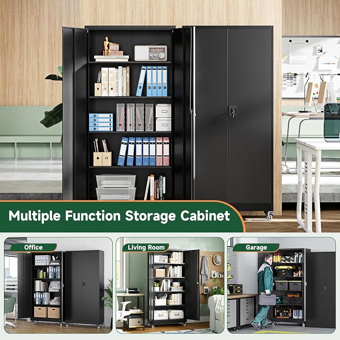 Metal Garage Storage Cabinets with Wheels,Steel Tool Cabinets Lock Door and Adjustable Shelves for Home,Office,Warehouse Organisieren (Black, 75" H) (Pack of 2)