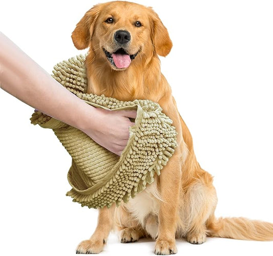 Muddy Mat® Doggy Dryer, Highly Absorbent Microfiber Washable Dog Shammy, Quick Drying Towel Absorber, Extra Soft Plush Wrap Chenille Bath Towels to Dry Soggy Large Pets & Small Puppy - Beige