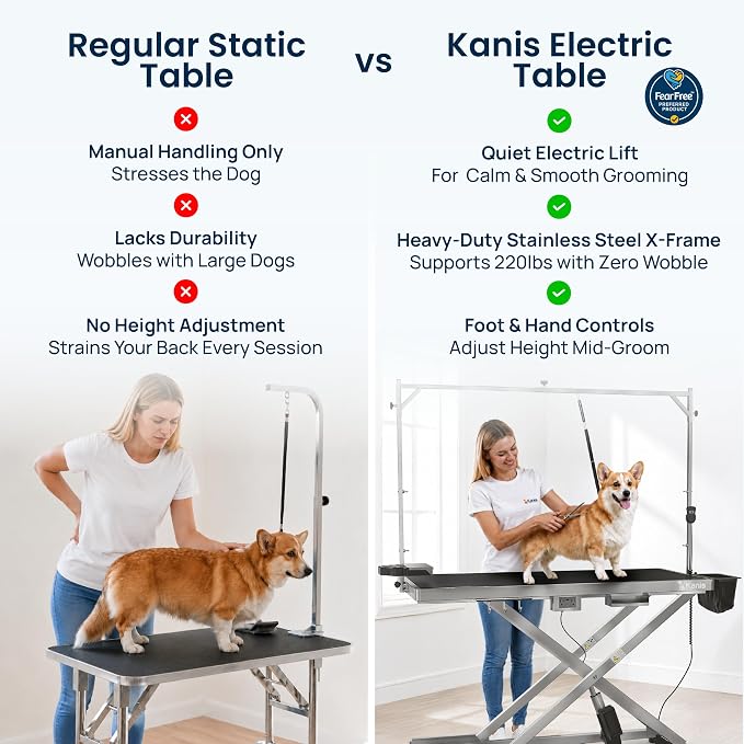 60" Professional Electric Dog Grooming Table, 304 Steel, Heavy Duty | Adjustable Table for Pet Grooming, 10-40in Quiet Lift, Grooming Arm, AC/USB Power Hub, Anti-Slip Surface, Leveling Wheels