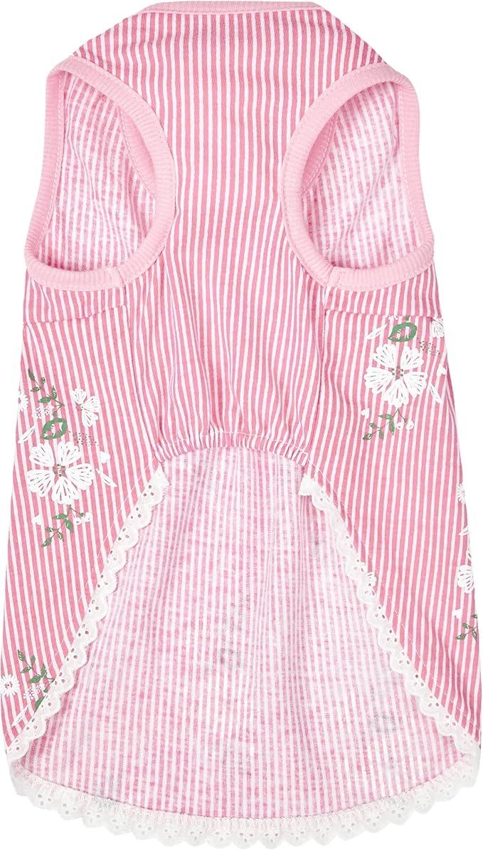 Blueberry Pet Wonderland Floral Sleeveless Dog Dress in Pink Stripe with Peter Pan Collar, Back Length 14", Pack of 1 Clothes for Dogs