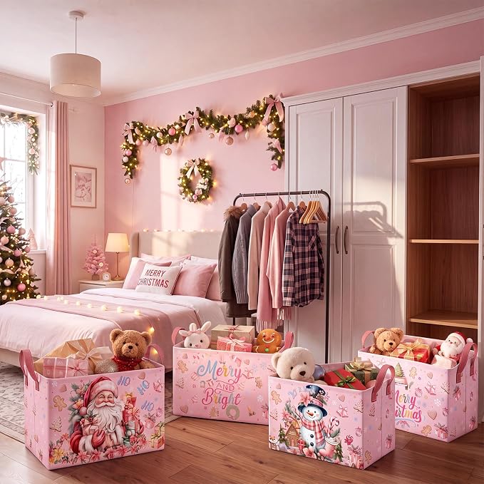 4 Pack Pink Christmas Storage Basket Collapsible Large Merry Christmas Santa Claus Storage Bins for Gifts Canvas Laundry Basket Foldable Box with Handle for Office Home Bedroom Clothes Toys