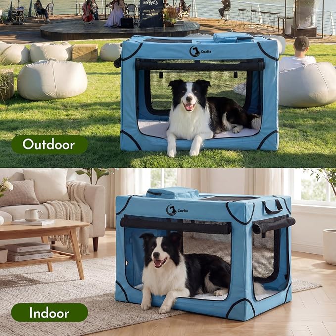 Portable Collapsible Soft Dog Crate for Extra Large Dogs, 42in Blue | Oxford Cloth Travel Camping dog kennel with 4 Mesh Windows & 2 Storage Pockets,for Indoor & Outdoor Use