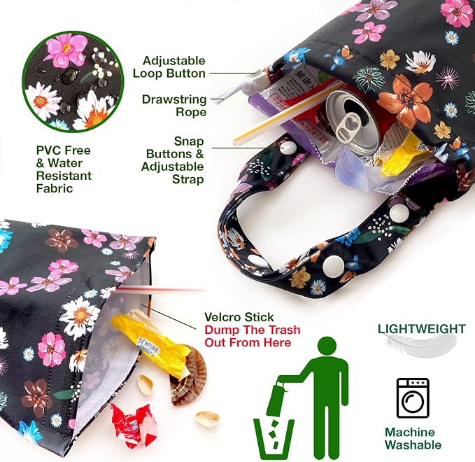 Waterproof Car Trash Bag Reusable Portable Garbage Can with Drawstring Top Adjustable Hanging Strap Leakproof & Washable for Cars SUVs & Trucks (Small Flowers)