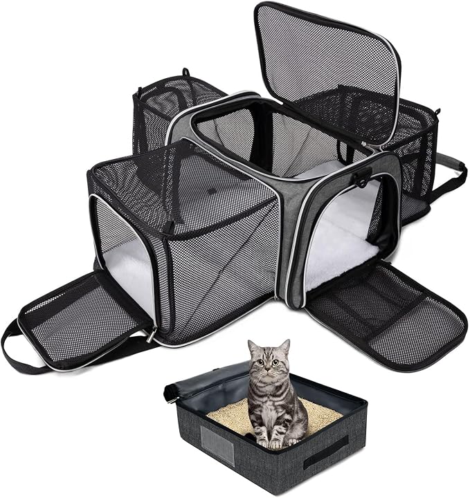 BAGLHER Expandable Cat Carrier with Travel Litter Box, Pet Travel 5 Sides Open Doors 3 Sides, Leak-Proof and Collapsible, for Car, Airplane Trip, Grey