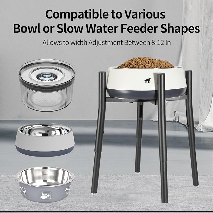 PROERR Raised Single Dog Bowl Stand, Adjustable 12-16" Tall, Elevated Dogs Food Bowl Stand for 8-12" Wide Bowls, Dog Bowl Holder for Medium Large - Metal Pets Dish Holder Only - Black