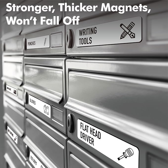 90 PCS Magnetic Toolbox Labels, 82 Pre-Printed & 8 Blanks Large Size Tool Chest Organizer Labels Strong Magnetic & Easy to Read Printing Fits All Brands of Steel Tool Box Drawers (White, 3.5” x 1”)