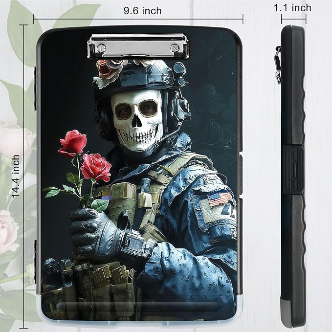 A4 Clipboard with Storage Pen Holder, Clipboards Organizer Nursing Clipboard Foldable File Folder Plastic Clipboard Folio Clip Board for Office Work Classroom Doctor, Skull Man Flower