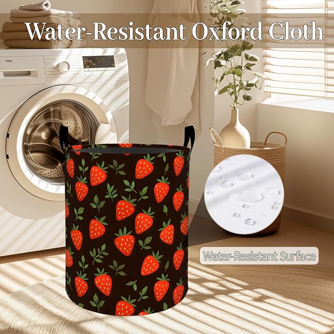 Strawberry Laundry Basket, Berry Leaf Foldable Oxford Cloth, Waterproof Dirty Clothes Hamper with Handles, Clothing Storage Bin Toy Organizer for Bedroom Dorm Bathroom, 19.7"x15.7"