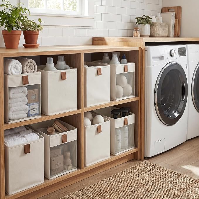 StorageWorks Narrow Storage Bins, Small Storage Baskets, Beige, 3-Pack | Soft Leather Handles, Flip to Show/Hide, Collapsible Small Storage Bins for Closet, Shelf, Bedroom, Bathroom, Space-Saving
