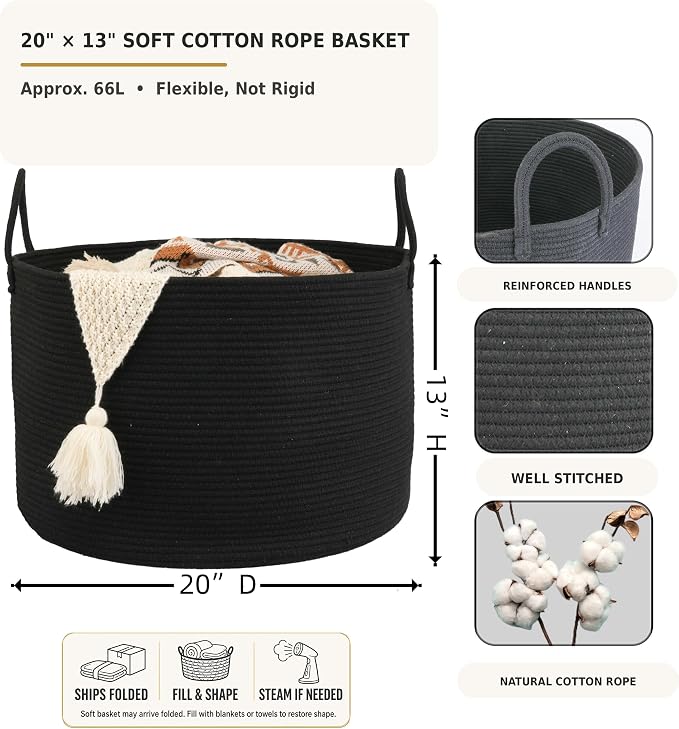 XUANGUO 66L Large Blanket Basket, Round Cotton Rope Basket, Black | 20" x 13" Laundry Basket with Sturdy Handles for Blankets, Pillows and Toys; Storage for Living Room, Bedroom and Nursery