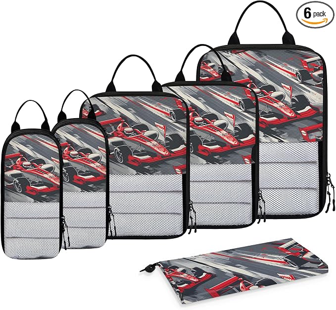 Racing Car Compression Packing Cubes Race Car 6 Set Travel Packing Cubes for Suitcases Lightweight Expandable Organizers