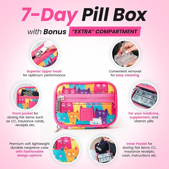 Made Easy Kit Pill Case for Everyday and Travel - 7-Day Weekly Medicine Supplement Vitamin Organizer Sorter Tracker - Neoprene Bag with Pockets - Compact Portable 8 Compartments (Multicolor Cats)