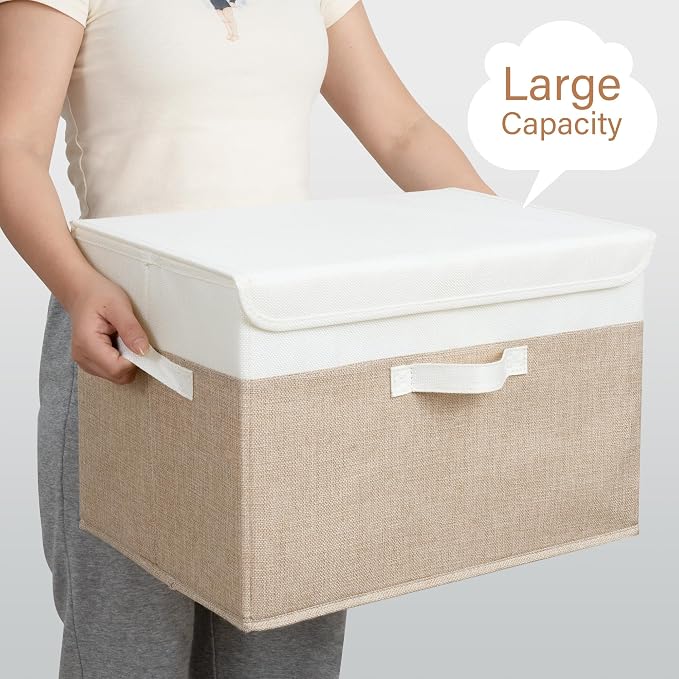 GRANNY SAYS Memory Keepsake Storage Box, Fabric Storage Bins with Lids | Flip-Top Lid, Collapsible, Stackable, 3 Handles, Ideal for Closet Clothes Blanket Toys, Extra Large, Brown/White, 2-Pack