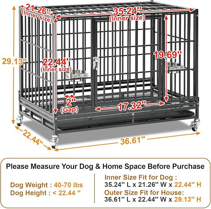 Homey Pet 37" Heavy Duty Stackable Dog Crate with Wheels for Medium Dogs | Metal Dog Cage Kennel with Escape proof Locks, Removable Tray, Bowl, Open Top, Ideal for Breeders, Groomers & Multi-dog Homes