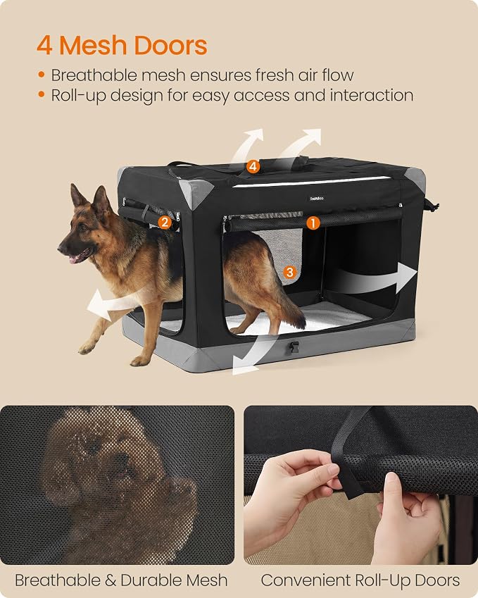 Feandrea Collapsible Dog Crate, Portable Oxford Fabric Pet Travel Crate with 4 Mesh Doors, Handles, Pocket, 42 Inches, for Large Dogs, Ink Black and Dove Gray UPDC031BH01