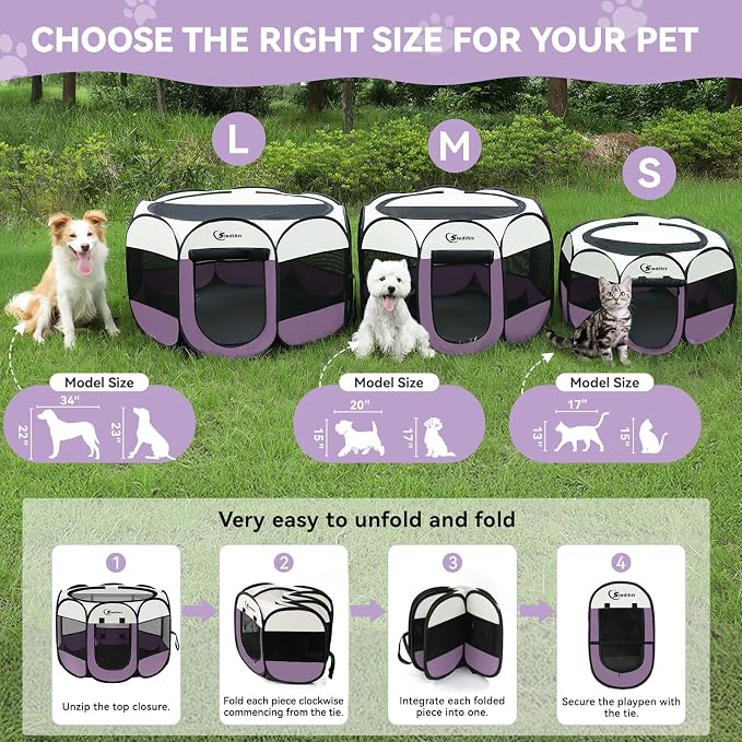 Siedihit Dog Cat Playpen, Small Puppy Pet Playpen, Dog Crate Tent Cage | Indoor/Outdoor, Portable Pop Up Dogs Kennel Playpen with Carrying Case for Dogs/Cats/Rabbits(Light Purple, Medium)