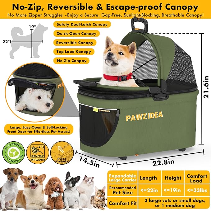 PAWZIDEA Portable Small Dog Crate for Car Travel Up to 33lbs, No-Zip Canopy | Enclosed Dog Car Seat Escape-Proof, Soft-Sided Small Medium Puppy Cats Car Kennel, Foldable Pet Carrier by Seatbelt, Top-Load