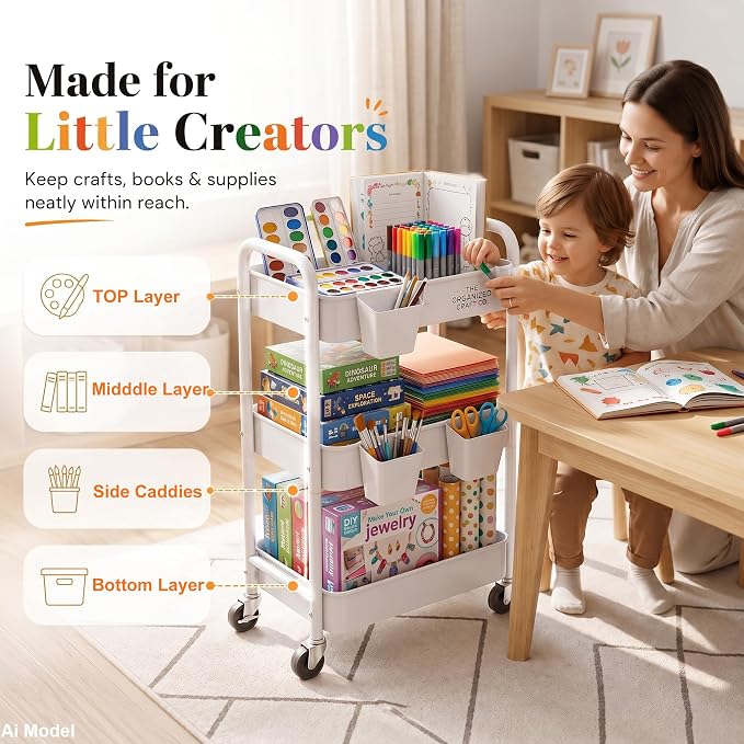 3 Tier Rolling Cart Metal with Wheels, White Three Tiered Craft Cart Organizer on Wheels, Storage Utility Carts for Art, Baby Nursery,Diaper Caddy, Cleaning Supplies, Nail,Lash,Snack,Book,Roller Shelf