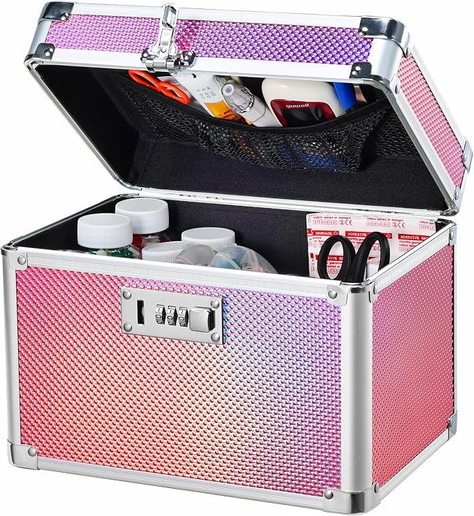 Medicine Lock Box with 3-Digit Combination Lock – Pink Lockable Storage Box for Medication, Small Lock Box for Valuables, 10"x7"x7.9" Locking Medicine Box for Home Travel Dorm