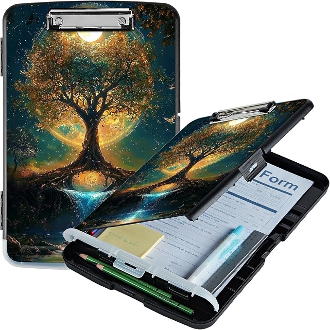 A4 Clipboard with Storage Pen Holder, Clipboards Organizer Nursing Clipboard Foldable File Folder Plastic Clipboard Folio Clip Board for Office Work Classroom Doctor, Moon Orange Tree