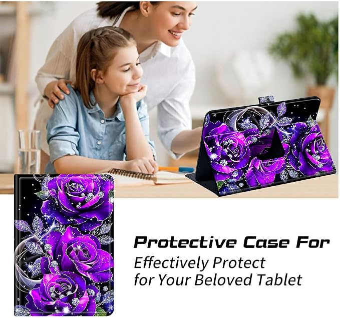 Universal Case for T-Mobile Revvl Tab 2 10.1" Model:9185W 2025/Revvl Tab 5G 10.36" 2023, 360 Degree Rotating Kickstand Protective Stand Leather Shell Cover for 9"-10.5", Purple Rose 01