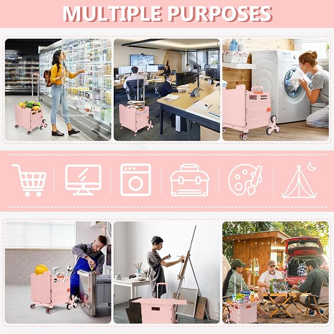 Foldable Utility Cart with Stair Climbing Wheels,Collapsible Rolling Crate with Magnetic Lid Telescopic Cover,Telescoping Handle,360° Rotate Wheel Hand Cart for Teacher Shopping Moving Grocery(Pink)