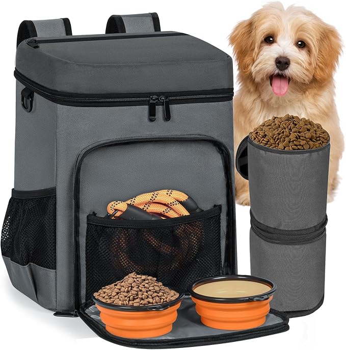 ANILD Dog Travel Bag Backpack, Flight-Ready TSA-Approved Dog Travel Bag with 2 Leak-Proof Food Canisters, 2 Foldable Silicone Bowls, Multi-Compartment Organizer for Hiking, Camping, Dog Mom Essentials