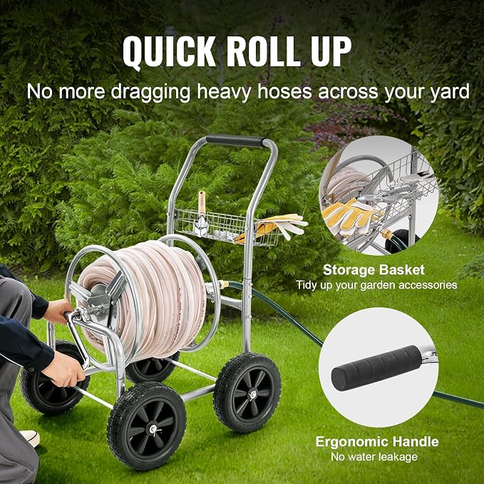 VEVOR Hose Reel Cart, Hold Up to 300 ft of 5/8’’ Hose, Garden Water Hose Carts Mobile Tools with 4 Wheels, Heavy Duty Powder-Coated Steel Outdoor Planting with Storage Basket, for Garden, Yard, Lawn | for Garden, Yard, Lawn, Mobile Tools with 4 Wheels,...