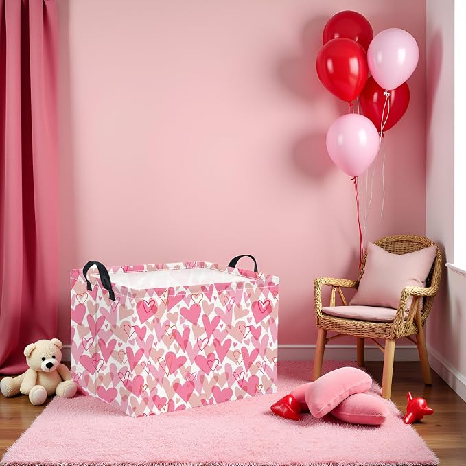 Rectangular Valentines Basket for Women Girls Storage Bin Organizer Box Shelf Room Decor(Romantic Hearts)