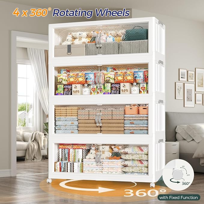 240GAL Plastic Storage Bins with Lid, 960QT Extra Large Stackable Closet Organizers and Storage, Collapsible Storage Boxes with Wheels, Folding Cabinet for Home Kitchen Office, 6Pack White