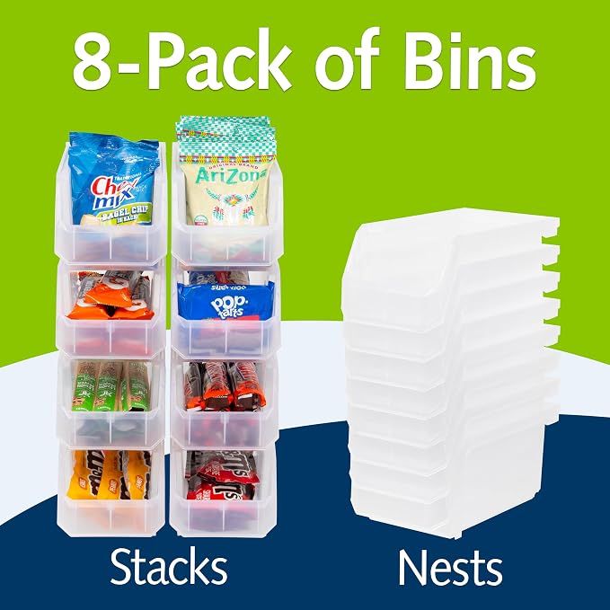 Medium Stackable Plastic Storage Bins, 8-Pack, Clear | Open-Front Stackable Bins For Garage, Pantry, Closet & Office, 11"L X 5,5"W X 5"H, Nests When Empty, Durable Plastic,