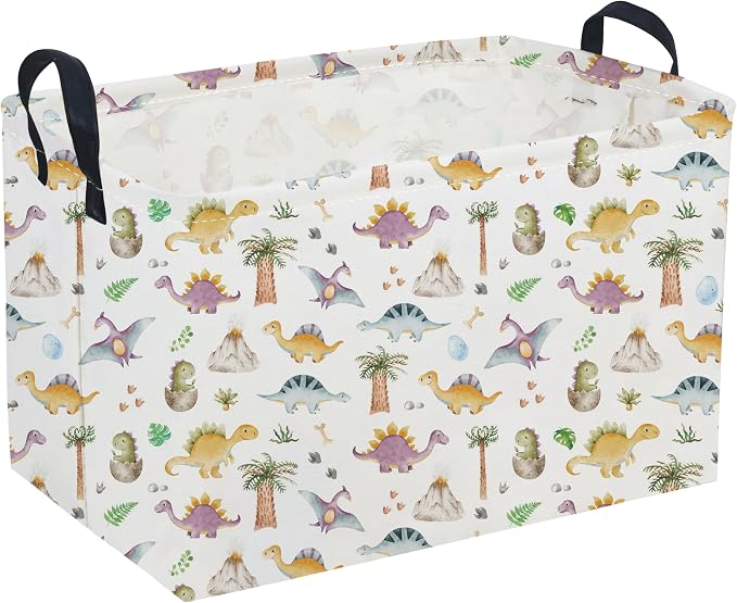 Sanjiaofeng Rectangular Dinosaur Baskets,Waterproof Foldable Dinosaur Basket with Handles,Nursery Hamper,Home Organizer,Books Box,Gift Baskets(Little Cute Dinosaurs)