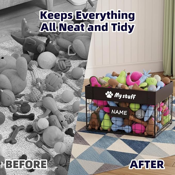 Kaiferty Indestructible Large Dog Toy basket, Chew-Proof Medium Toy Bin for Dogs, Pet Toy Bin Dog Metal Basket for Toys, Puppy Toy Storage Organizer Blankets, Toy Box for Living Room Area (Black)