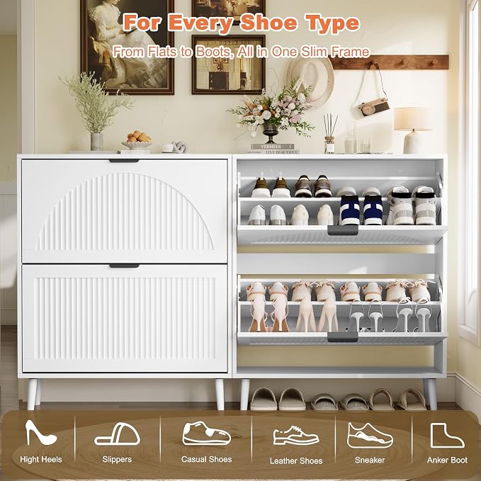 Shoe Storage Cabinet with 2 Flip Drawers, Narrow Wood Shoe Organizer Cabinet with Fluted Panel, Slim Shoe Rack for Entryway, Freestanding Shoe Cabinet for Living Room, Hallway, White