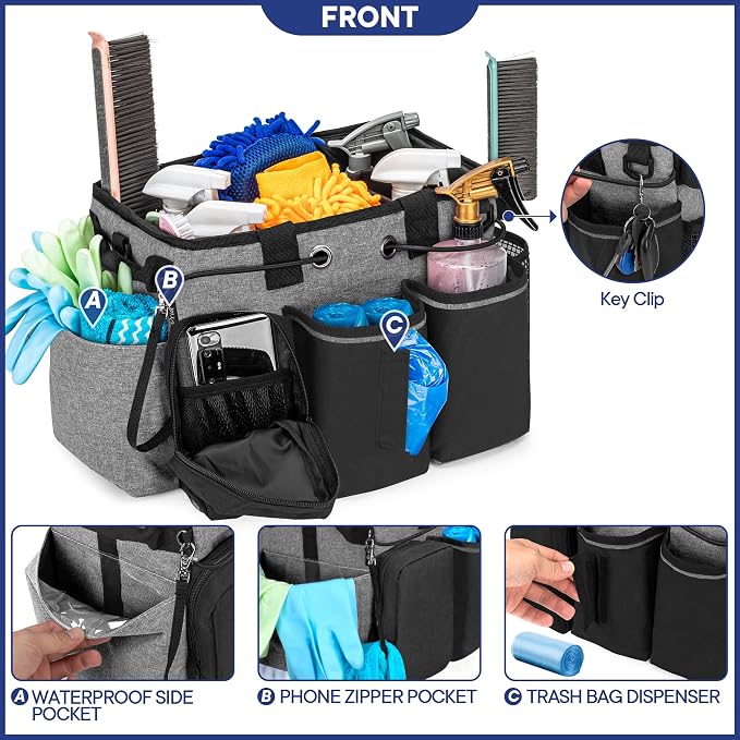 LoDrid Large Professional Cleaning Caddy with Detachable Divider, Black | Cleaning Supply Organizer with Handle and Shoulder Strap for Housekeepers & Cleaners