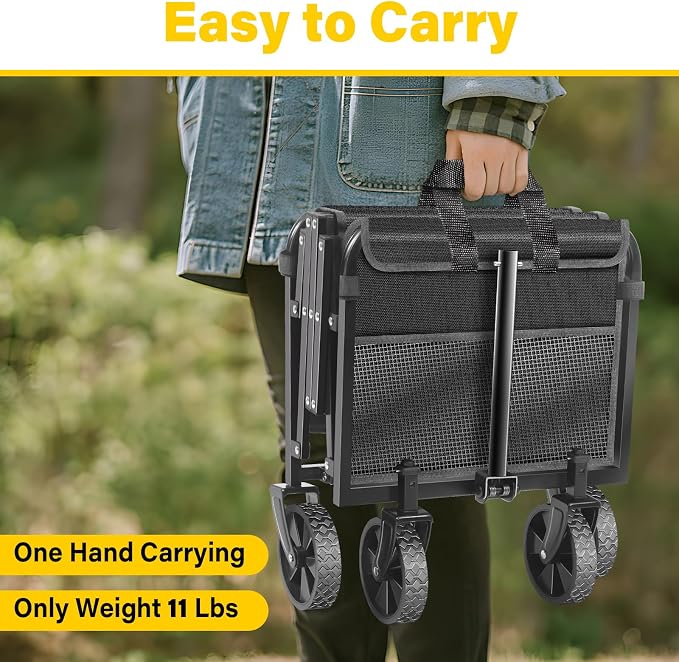 Collapsible Wagon Cart with Wheels, Compact 360 lb Folding Cart,Pitch Black | Portable utility wagon for groceries, shopping, camping, garden, sports, picnics, laundry, apartment errands and small hauls