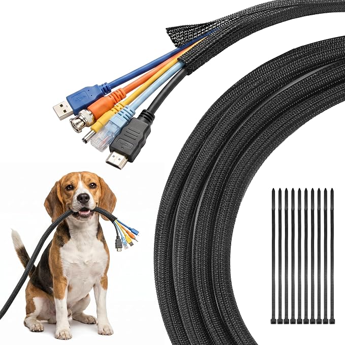 Delamu 10ft - 1/2 inch Cable Sleeve Cord Protector from Pets No Chew, Split-Braided PVC Wire Loom Tubing for Desk Computer USB TV Cord Organizer, Easy Set-up Cable Management Sleeve Kit, Black
