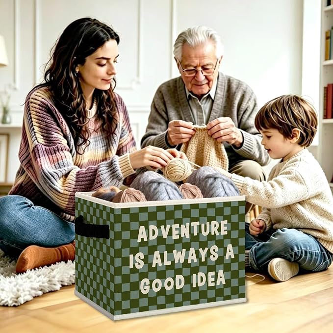 Adventure Classroom Nursery Cube Storage Bins with Handles, Green Checkered Kids Playroom Collapsible Fabric Storage Basket Boxes Books Clothes Organizer for Kids Boys Bedroom Bathroom