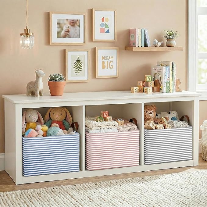 Britimes Pink Blue Storage Baskets for Gifts, Toy Storage Bins Box, 3 Pcs | Pink Blue Striped Canvas Collapsible Baskets Organizer with Handles Nursery Decor Laundry Basket for Shelves Closet