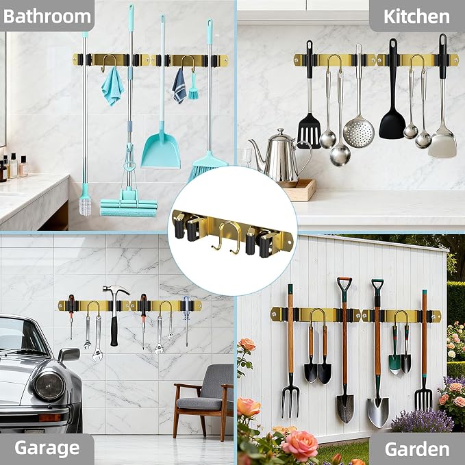 Broom Holder Wall Mount, 2-Pack Stainless Steel Mop and Broom Organizer, Broom Hanger with 2 Slots 2 Hooks for Home Kitchen, Garage, Garden and Laundry Room, Gold